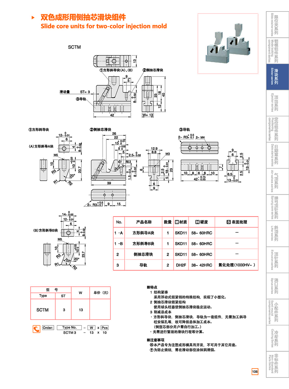 Slide core units for two-color injection mold details